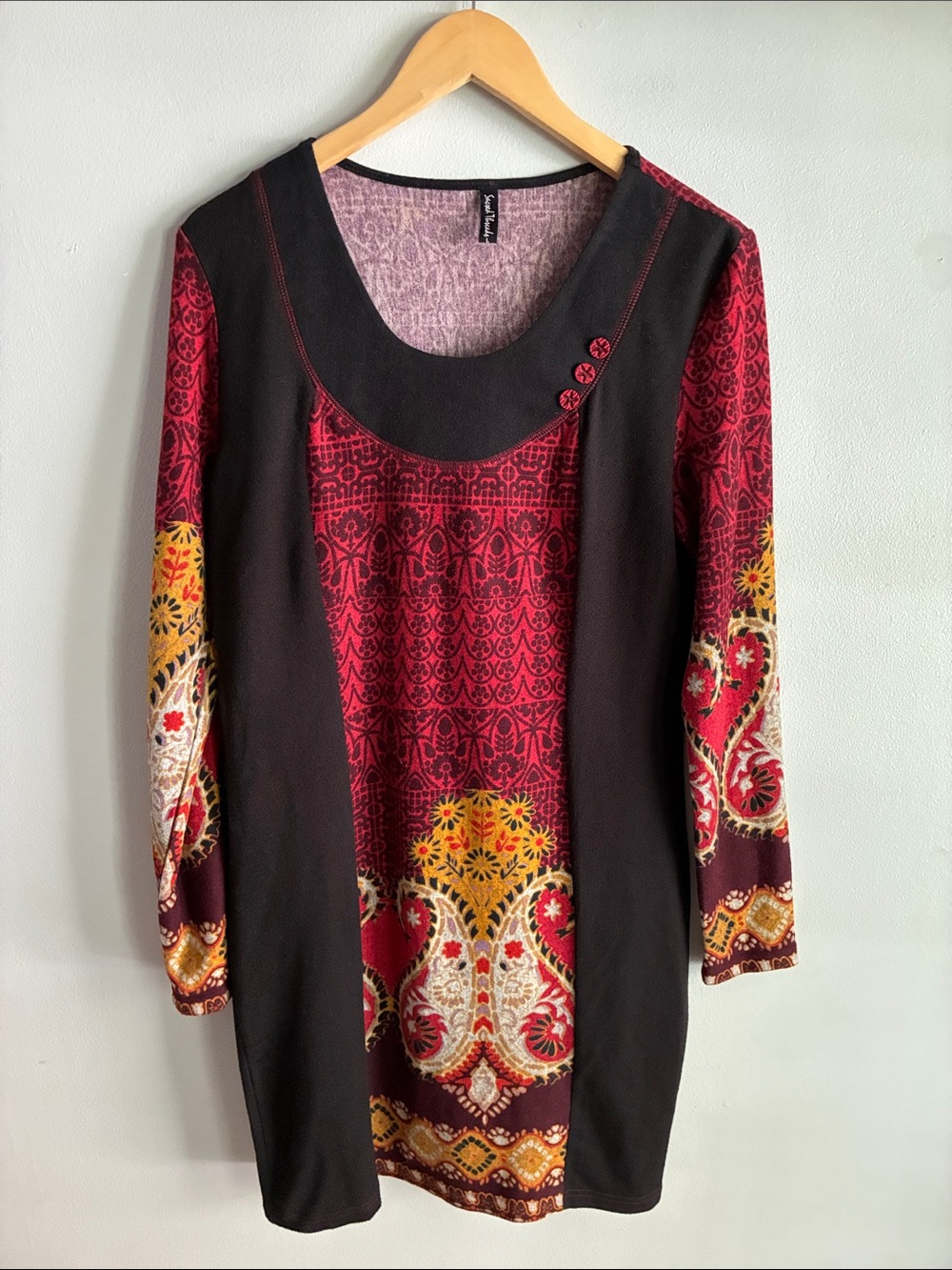 Sacred Threads L Boho Paisley Knit Dress Long Sleeve Red Black Festival